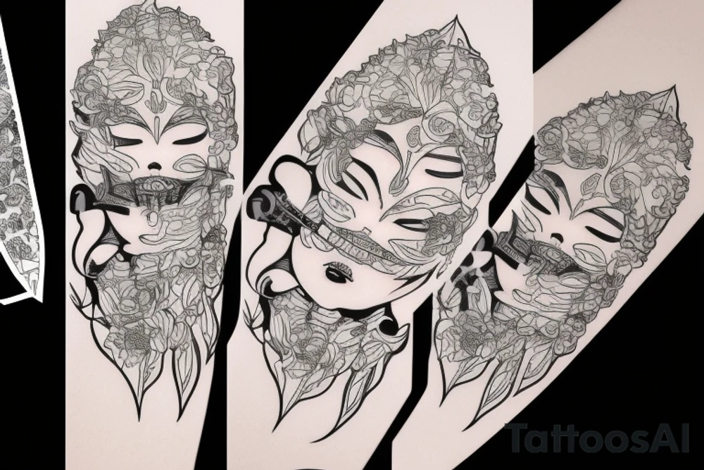 2b katana with White Moonflower and emil mask tattoo idea