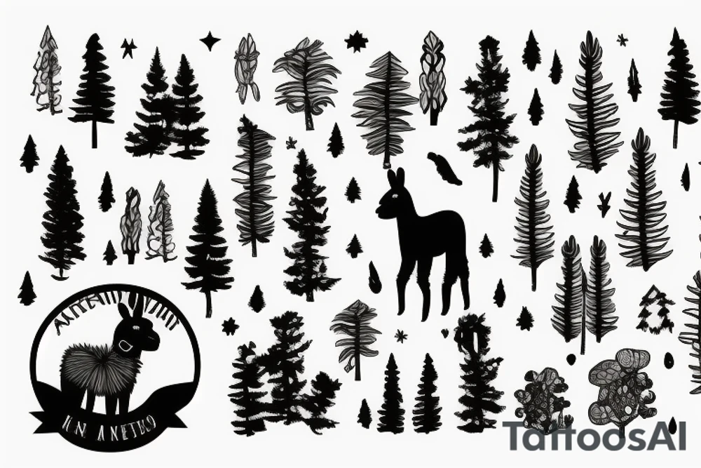 llama near a pine tree tattoo idea