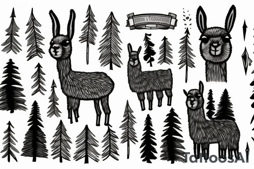 llama near a pine tree tattoo idea