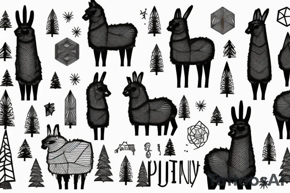 llama near a pine tree tattoo idea