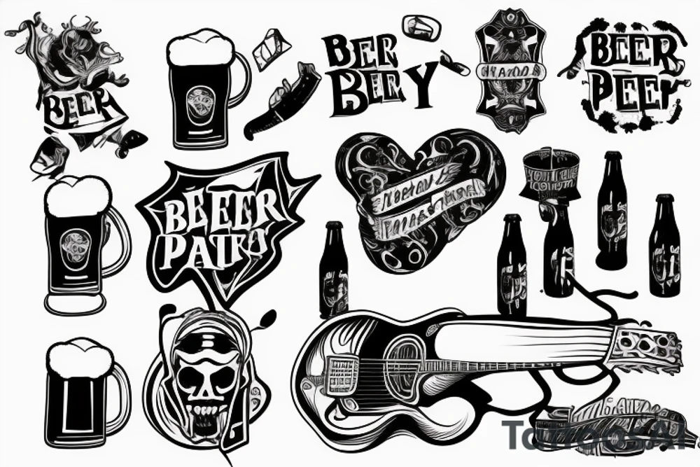 Drink beer play games and guitar tattoo idea