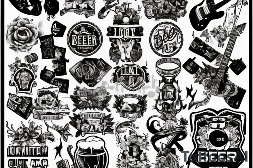 Drink beer play games and guitar tattoo idea
