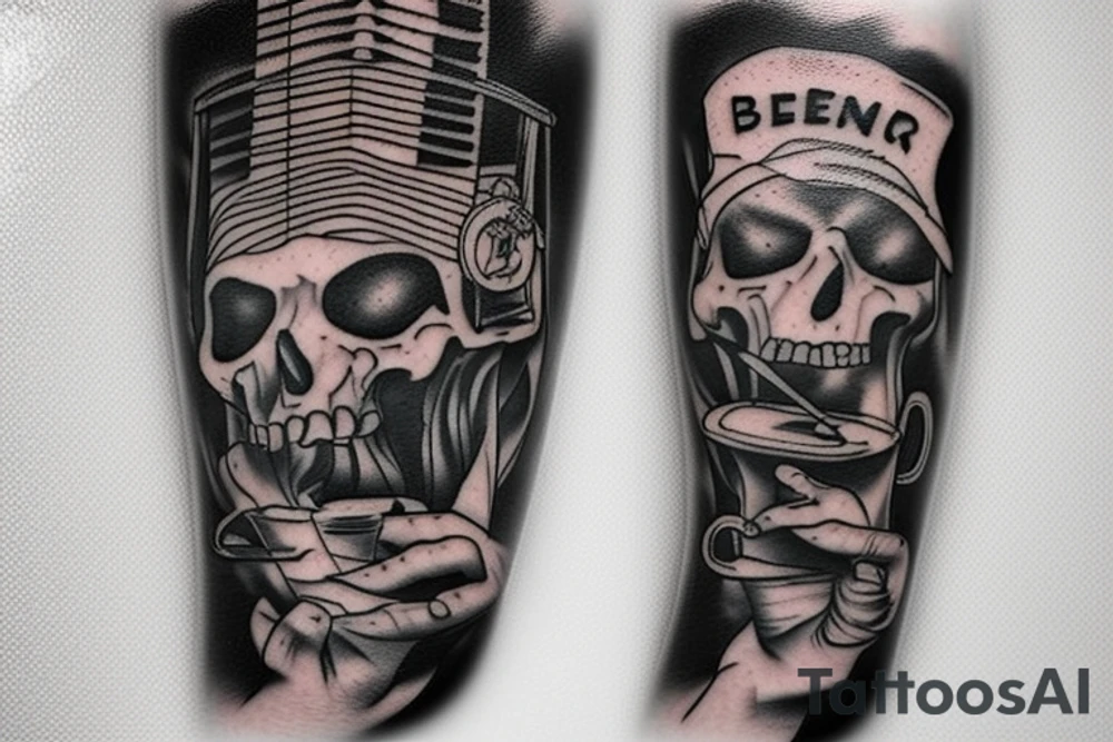 Man Drink beer play guitar tattoo idea