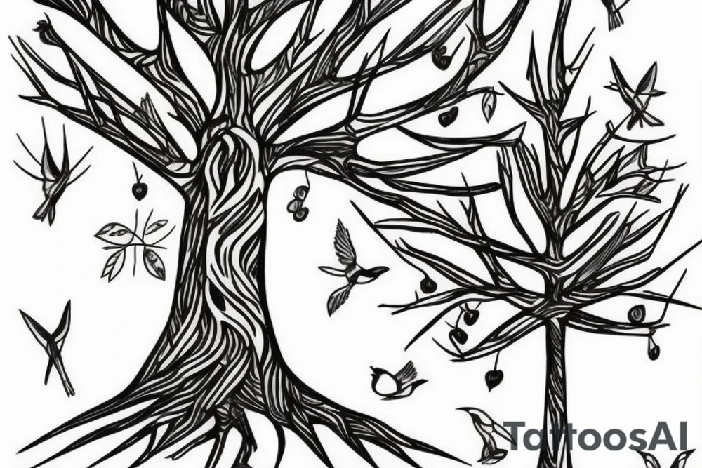skinny tree sketch with birds tattoo idea