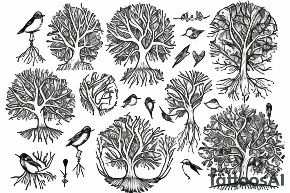 skinny tree sketch with birds tattoo idea