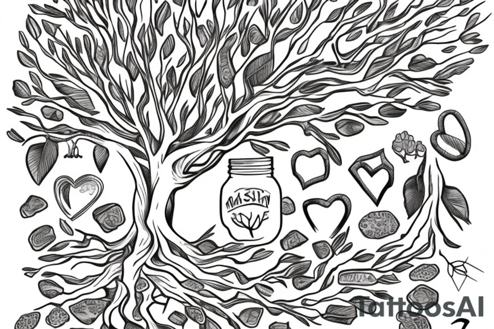 A mason jar filled with river rocks with the label “love everything that is entangled in the roots of a tree and the tree is reaching into the sky. tattoo idea