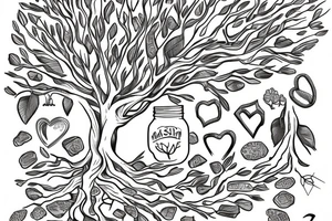 A mason jar filled with river rocks with the label “love everything that is entangled in the roots of a tree and the tree is reaching into the sky. tattoo idea