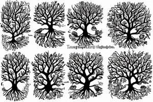 A mason jar filled with river rocks with the label “love everything that is entangled in the roots of a tree and the tree is reaching into the sky. tattoo idea