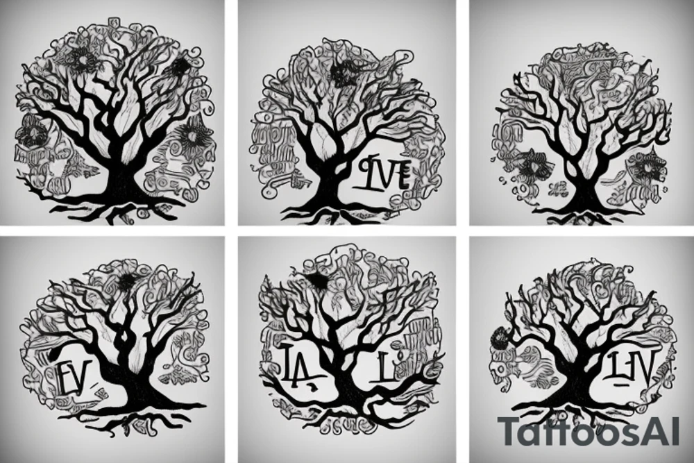 A mason jar filled with river rocks with the label “love everything that is entangled in the roots of a tree and the tree is reaching into the sky. tattoo idea
