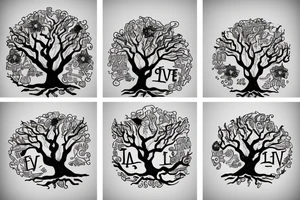A mason jar filled with river rocks with the label “love everything that is entangled in the roots of a tree and the tree is reaching into the sky. tattoo idea