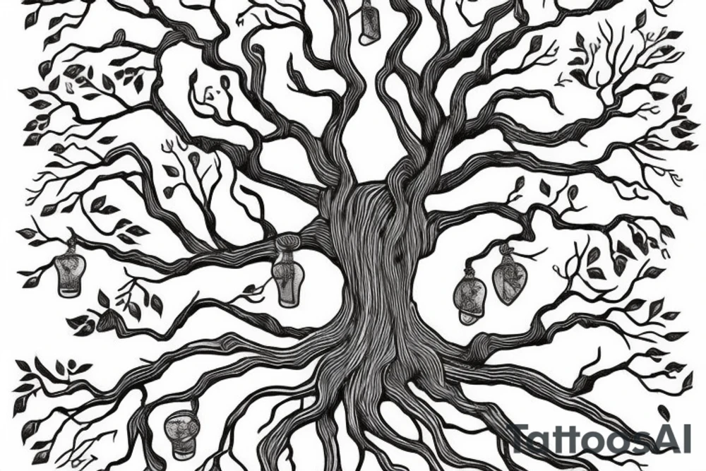 A mason jar filled with river rocks with the label “love everything that is entangled in the roots of a tree and the tree is reaching into the sky. tattoo idea