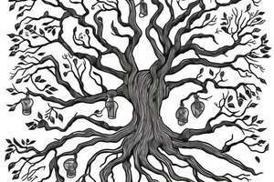 A mason jar filled with river rocks with the label “love everything that is entangled in the roots of a tree and the tree is reaching into the sky. tattoo idea