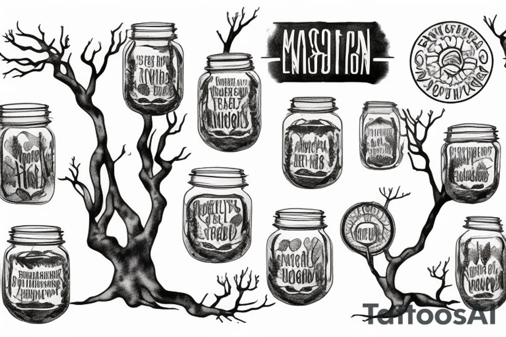 A mason jar filled with river rocks with the label “love everything that is entangled in the roots of a tree and the tree is reaching into the sky. tattoo idea