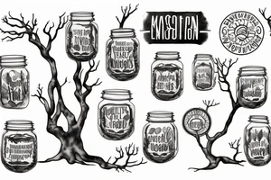 A mason jar filled with river rocks with the label “love everything that is entangled in the roots of a tree and the tree is reaching into the sky. tattoo idea