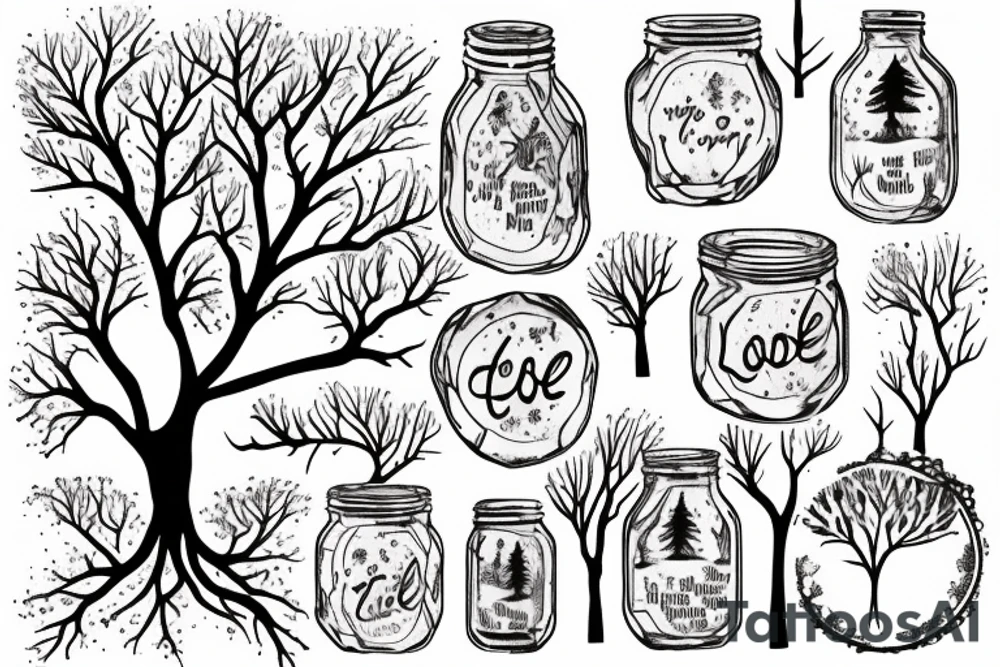 A mason jar filled with river rocks with the label “love everything that is entangled in the roots of a tree and the tree is reaching into the sky. tattoo idea