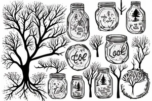 A mason jar filled with river rocks with the label “love everything that is entangled in the roots of a tree and the tree is reaching into the sky. tattoo idea