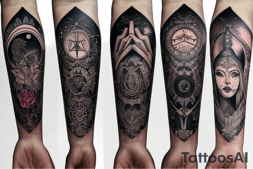 Arm sleeve with high priestess tarot, pomegranate, beautiful poison flowers, and realistic moon phases tattoo idea