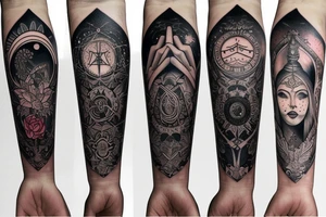 Arm sleeve with high priestess tarot, pomegranate, beautiful poison flowers, and realistic moon phases tattoo idea