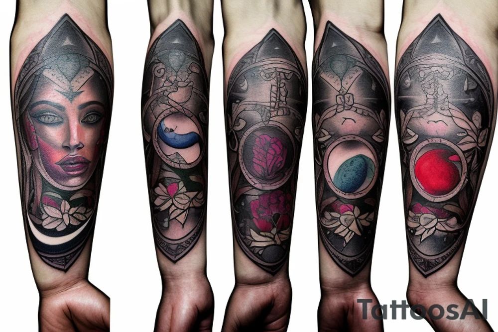 Arm sleeve with high priestess tarot, pomegranate, beautiful poison flowers, and realistic moon phases tattoo idea