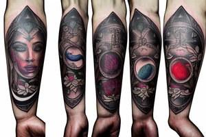 Arm sleeve with high priestess tarot, pomegranate, beautiful poison flowers, and realistic moon phases tattoo idea