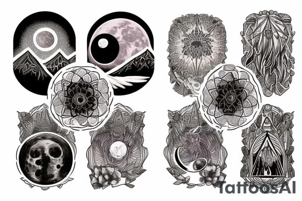 high priestess tarot, pomegranate, beautiful poison flowers, and realistic moon phases, night sky, mountains tattoo idea