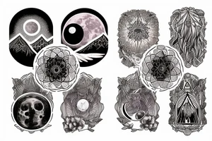 high priestess tarot, pomegranate, beautiful poison flowers, and realistic moon phases, night sky, mountains tattoo idea