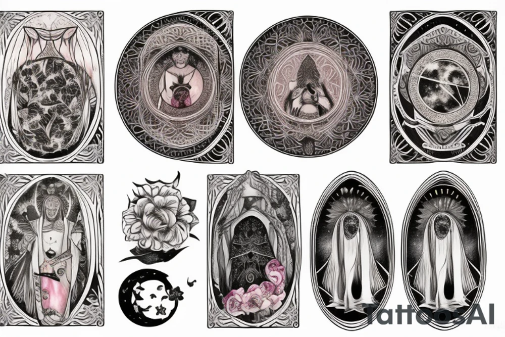 Large piece with high priestess tarot, pomegranate, beautiful poison flowers, realistic moon phases, and mountain tattoo idea