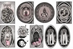 Large piece with high priestess tarot, pomegranate, beautiful poison flowers, realistic moon phases, and mountain tattoo idea