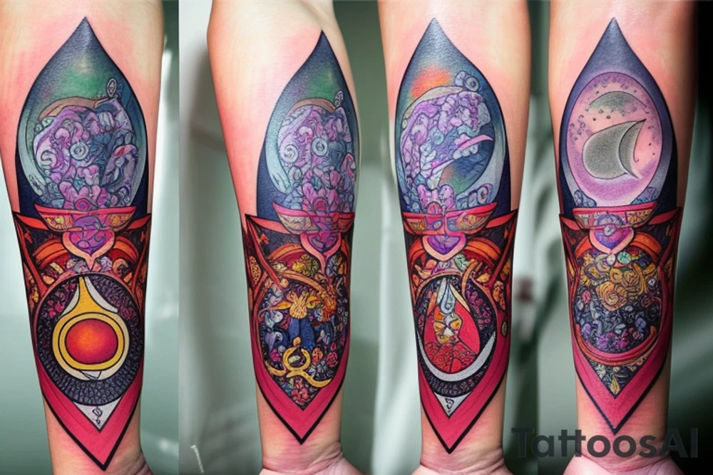 Large piece with high priestess tarot, pomegranate, beautiful poison flowers, realistic moon phases, and mountain tattoo idea