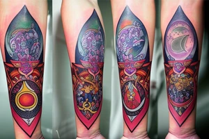 Large piece with high priestess tarot, pomegranate, beautiful poison flowers, realistic moon phases, and mountain tattoo idea
