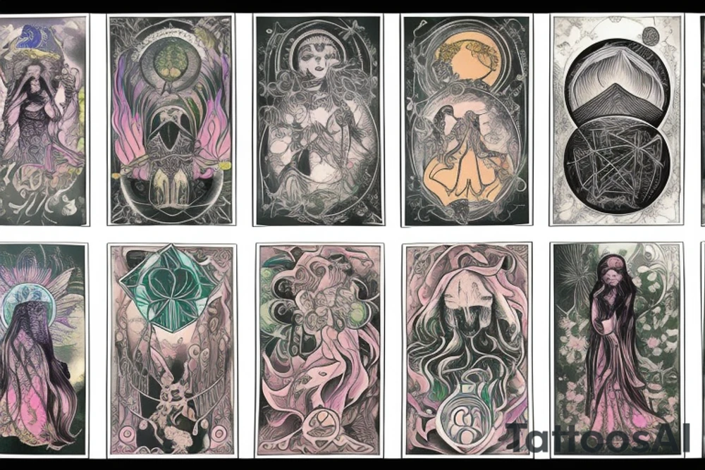 Large piece with high priestess tarot, 
 poison flowers, moon phases, and mountain tattoo idea