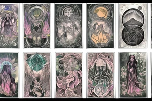 Large piece with high priestess tarot, 
 poison flowers, moon phases, and mountain tattoo idea