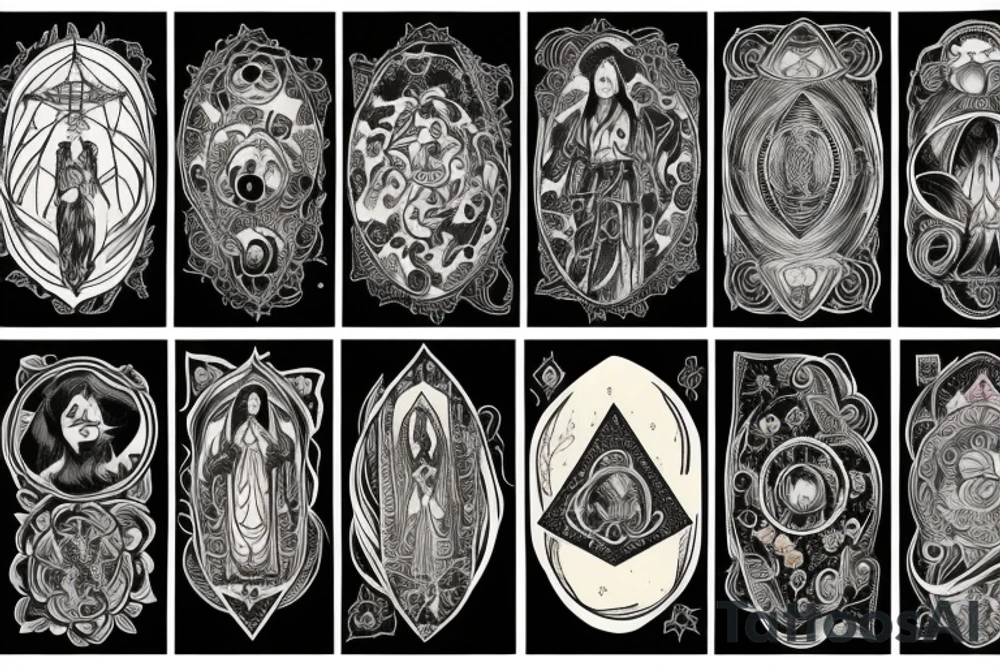 Large piece with high priestess tarot, 
 poison flowers, moon phases, and mountain tattoo idea