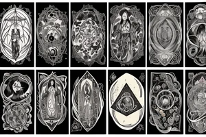 Large piece with high priestess tarot, 
 poison flowers, moon phases, and mountain tattoo idea