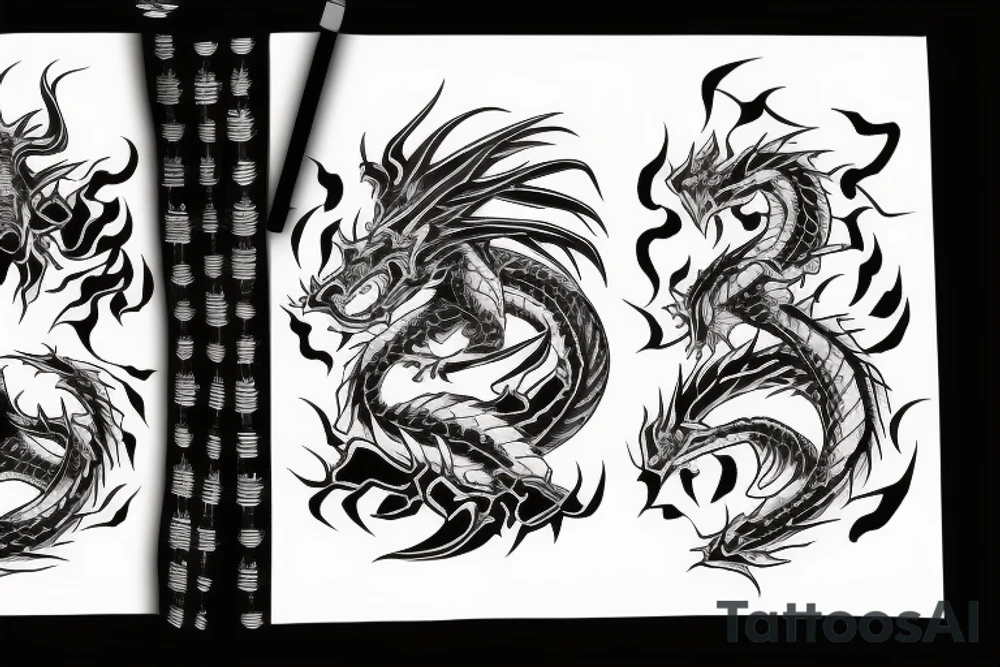 Two Dark dragons, upside down cross, kanji text of death, dark reality tattoo idea