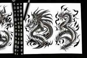 Two Dark dragons, upside down cross, kanji text of death, dark reality tattoo idea
