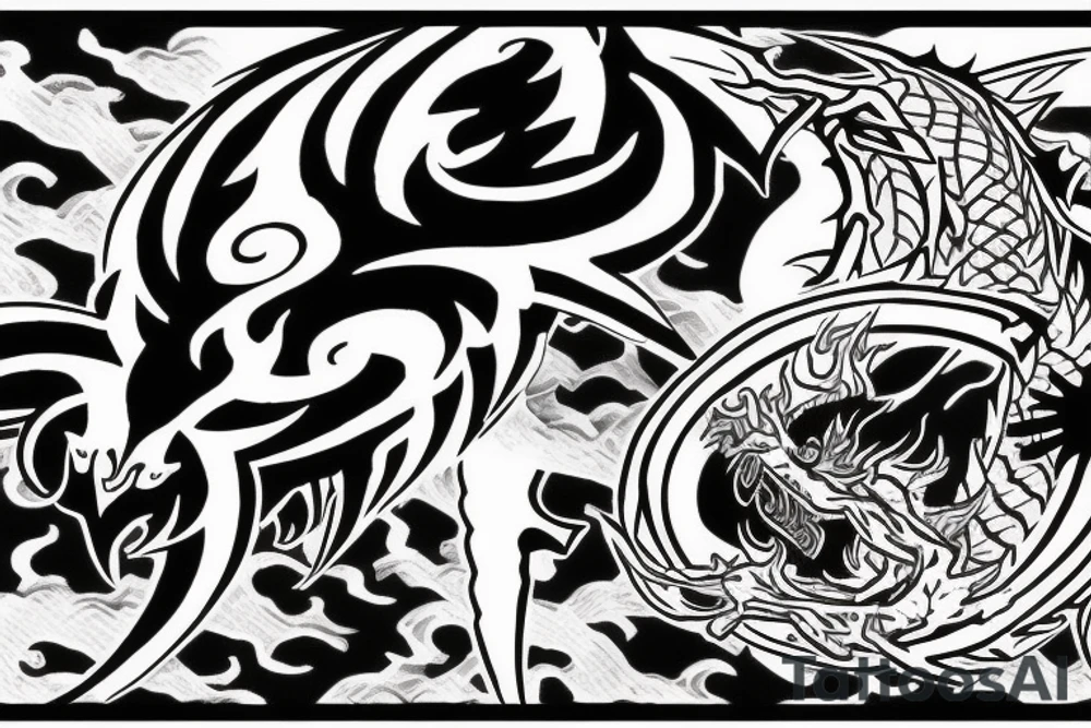 Two Dark dragons, upside down cross, kanji text of death, dark reality tattoo idea