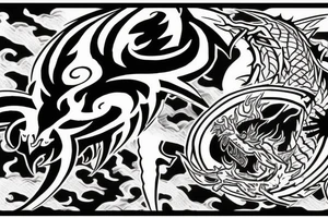 Two Dark dragons, upside down cross, kanji text of death, dark reality tattoo idea