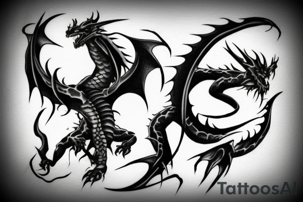 Two Dark dragons, upside down cross, kanji text of death, dark reality tattoo idea