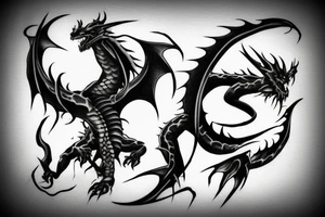 Two Dark dragons, upside down cross, kanji text of death, dark reality tattoo idea