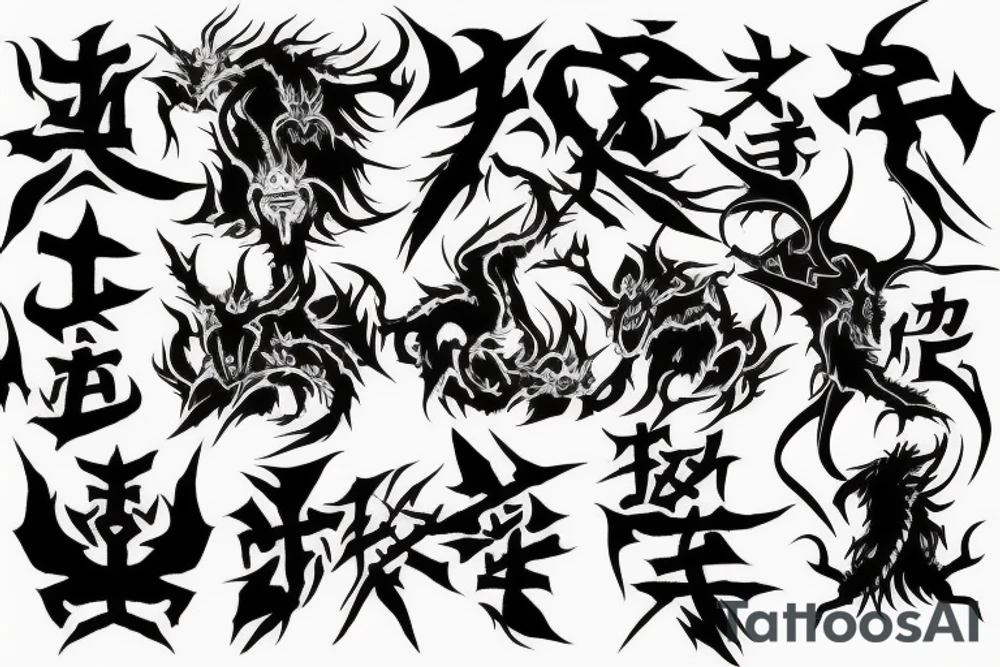 Two Dark dragons, upside down cross, kanji text of death, dark reality tattoo idea