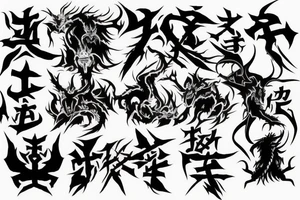 Two Dark dragons, upside down cross, kanji text of death, dark reality tattoo idea
