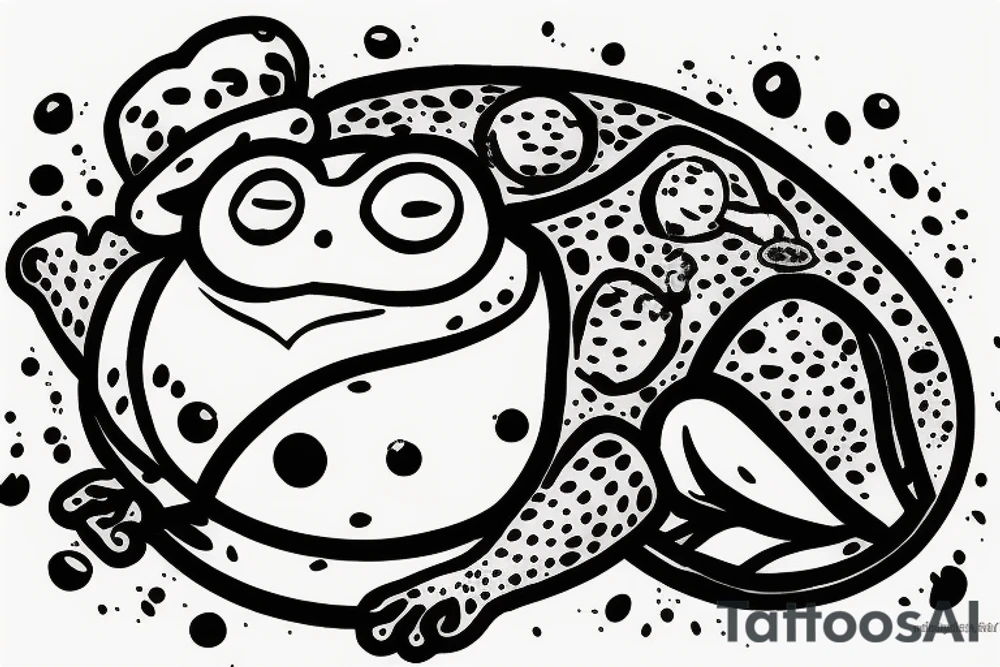 Fat frog with thick black outline sitting on a mushroom with a space helmet tattoo idea