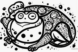 Fat frog with thick black outline sitting on a mushroom with a space helmet tattoo idea