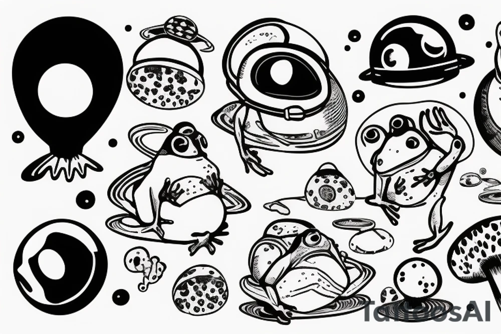 Fat frog with thick black outline sitting on a mushroom with a space helmet tattoo idea