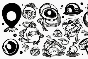 Fat frog with thick black outline sitting on a mushroom with a space helmet tattoo idea