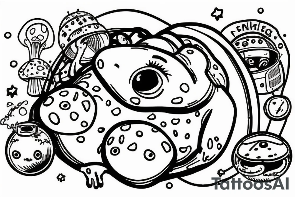 Fat frog sitting on a mushroom with a space helmet tattoo idea