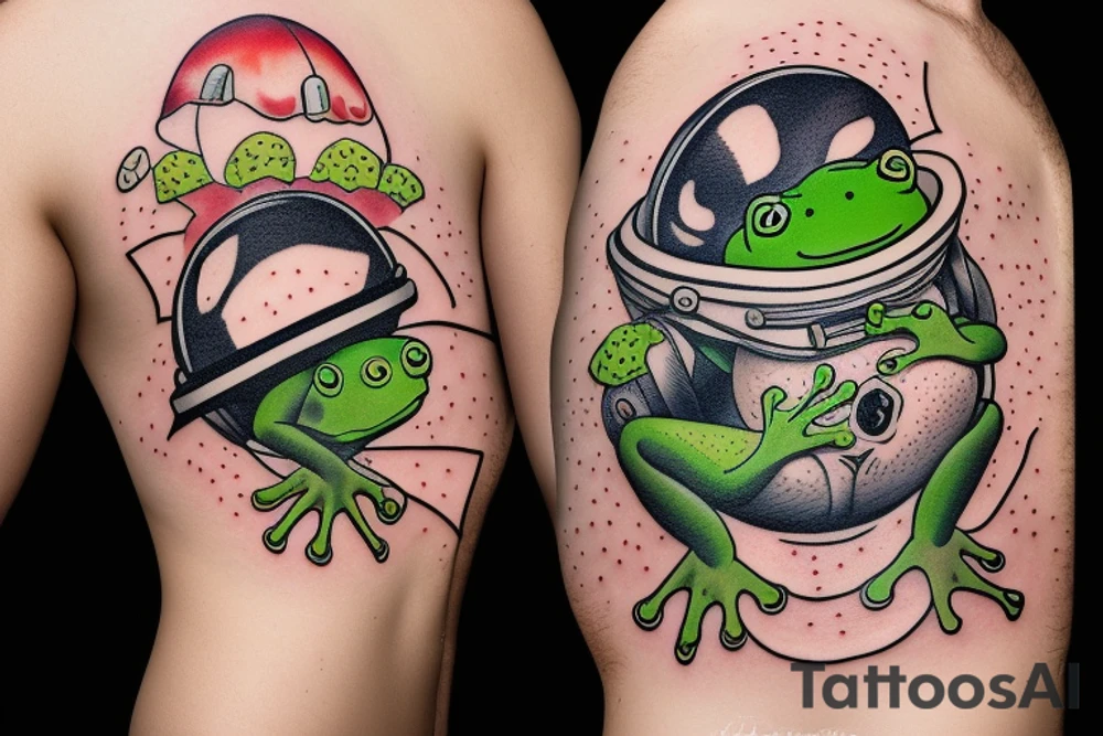 Fat frog sitting on a mushroom with a space helmet tattoo idea
