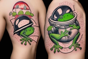 Fat frog sitting on a mushroom with a space helmet tattoo idea
