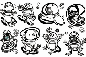 Fat frog sitting on a mushroom holding a space helmet tattoo idea